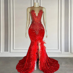 Red Sleeveless Sequins Mermaid Prom Dress with Front Slit Beadings and Feathers