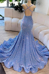 Deep V-Neck Mermaid Sequins Backless Prom Dress