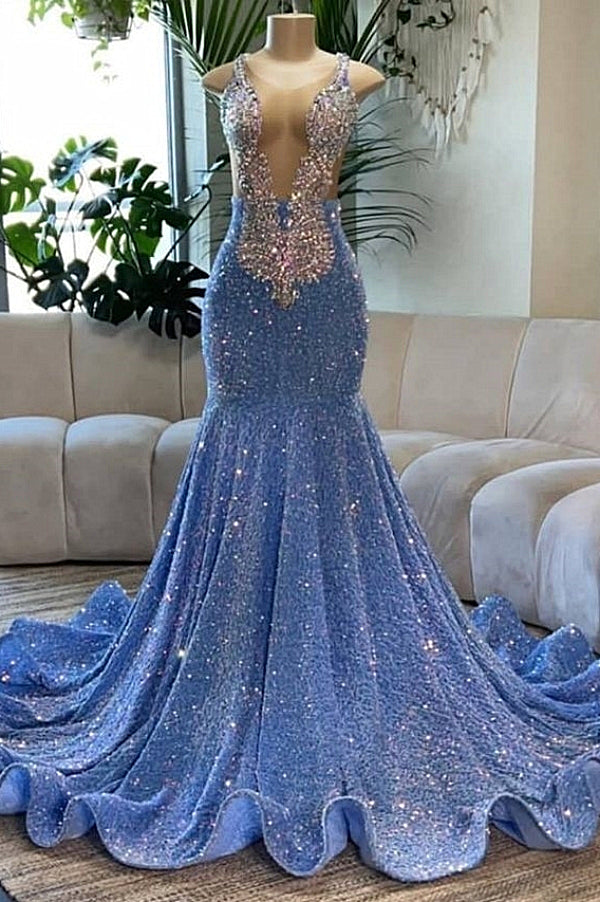 Deep V-Neck Mermaid Sequins Backless Prom Dress