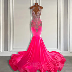 Sleeveless Velvet Mermaid Style Dress with Beadings in Pink Barbie Color