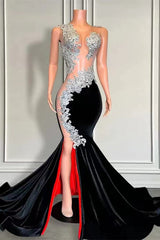 Sleeveless Long Black Velvet Mermaid Prom Dress with Appliques and Beads