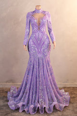 High Neck Long Sleeve Sweep Train Zipper Mermaid Evening Dress