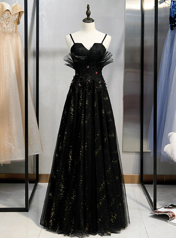 A-Line Black Tulle Sequins Spaghetti Straps Prom Dress