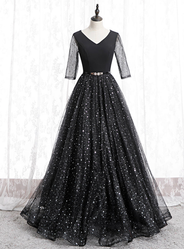 A-Line Black Tulle Sequins V-neck Short Sleeve Prom Dress