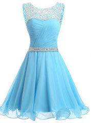 A-line Blue Chiffon Scoop Neck Backless Beading Crystal Homecoming Dress