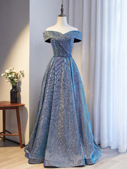 A-Line Blue Off the Shoulder Prom Dress