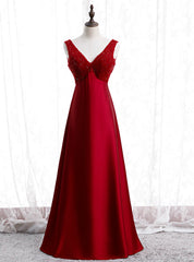 A-Line Burgundy Satin V-neck Beading Prom Dress