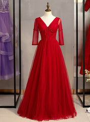 A-Line Burgundy Tulle V-neck Short Sleeve Beading Prom Dress