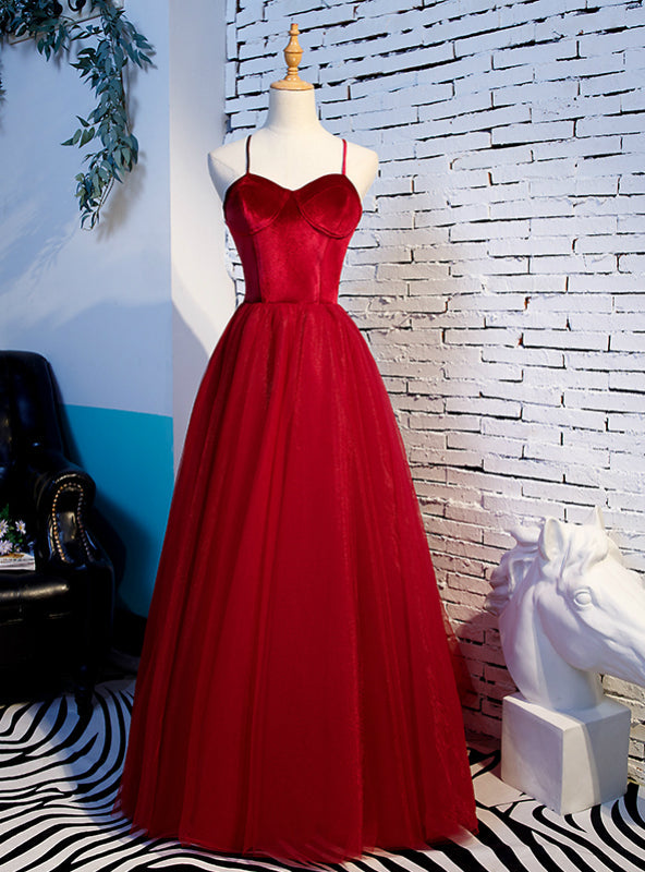 A-Line Burgundy Tulle Velvet Spaghetti Straps Prom Dress