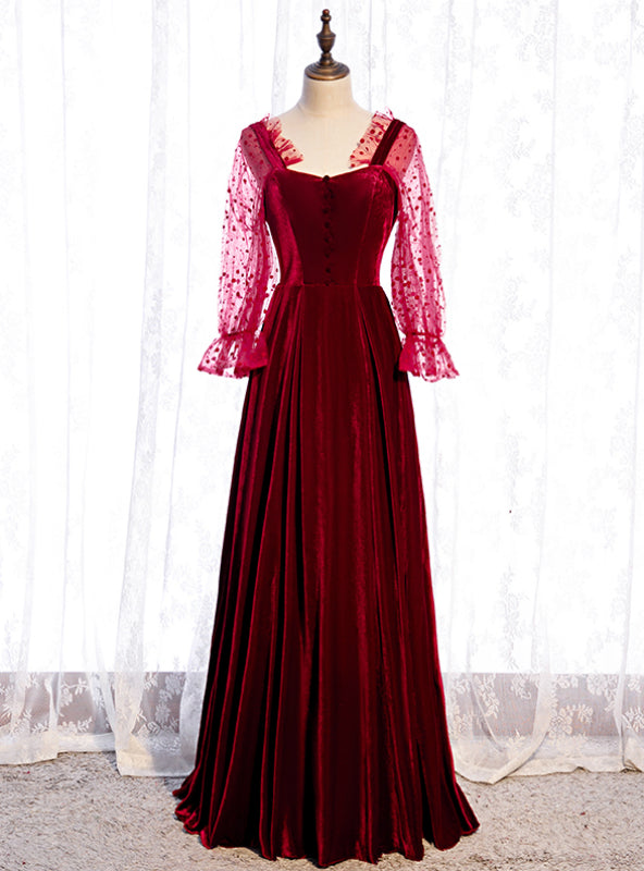 A-Line Burgundy Velvet Square Long Sleeve Wave Point Prom Dress