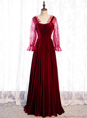 A-Line Burgundy Velvet Square Long Sleeve Wave Point Prom Dress