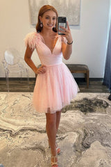 A-line Deep V Neck Tulle Homecoming Dress with Feathers