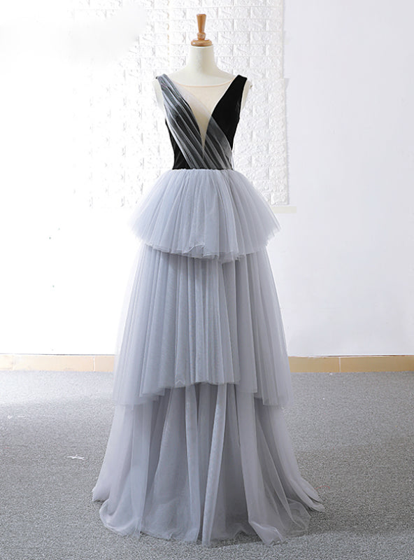 A-Line Gray Tulle Black Velvet Bateau Backless Prom Dress