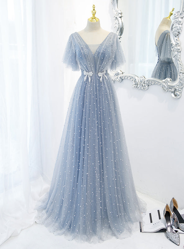 A-Line Gray Tulle Pearls V-neck Prom Dress