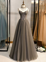 A-Line Gray Tulle Spagehtti Straps Beading Prom Dress