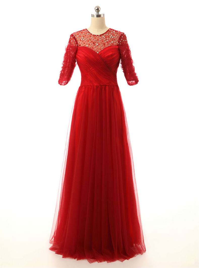 A line Half Sleeves Beaded Tulle Floor Length Red Mother Of The Bride Dresses