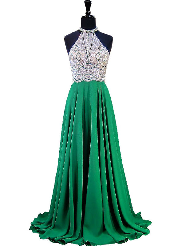 A-line Halter Sleeveless Beaded Floor Length Chiffon Prom Dress