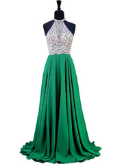 A-line Halter Sleeveless Beaded Floor Length Chiffon Prom Dress