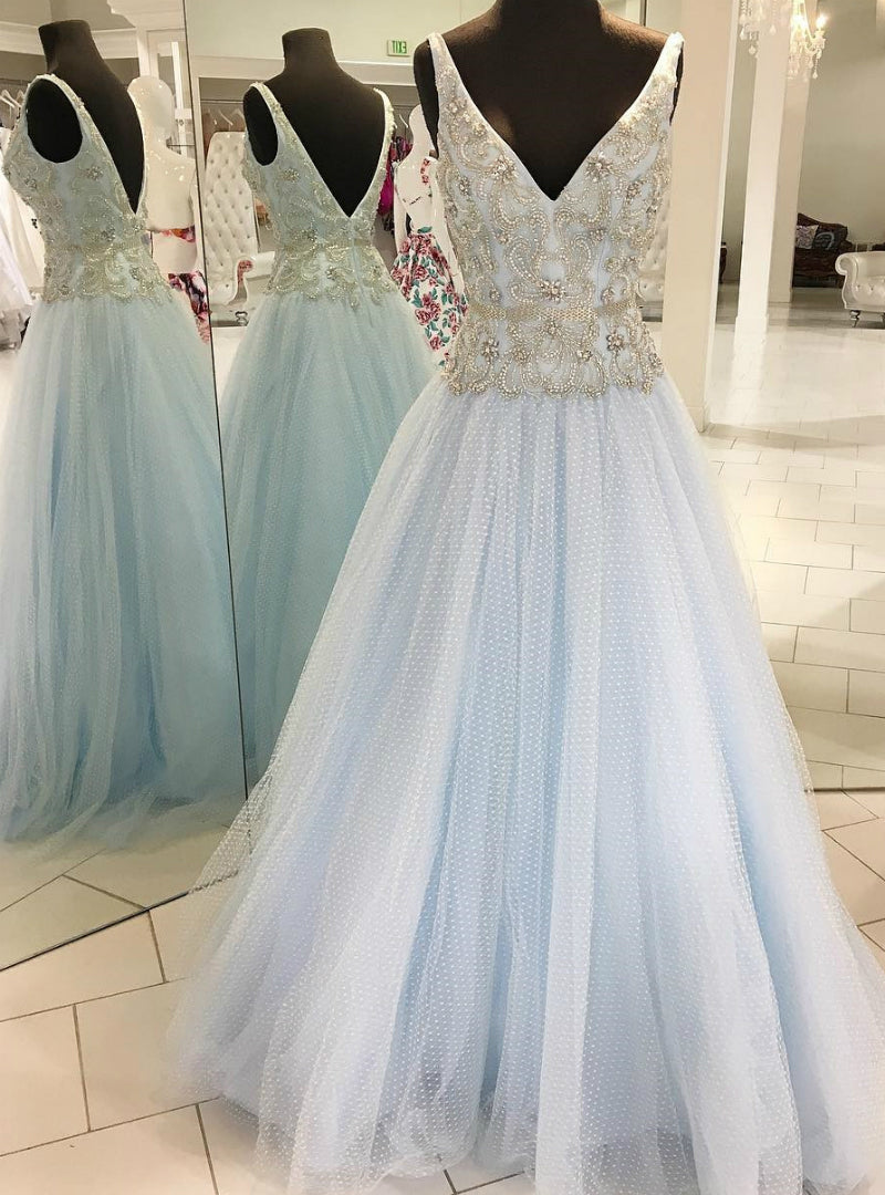 A-Line Light Blue Tulle V-neck Backless With Beading Prom Dress