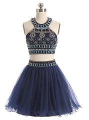 A-line Navy Blue Halter Tulle Beading Homecoming Dress