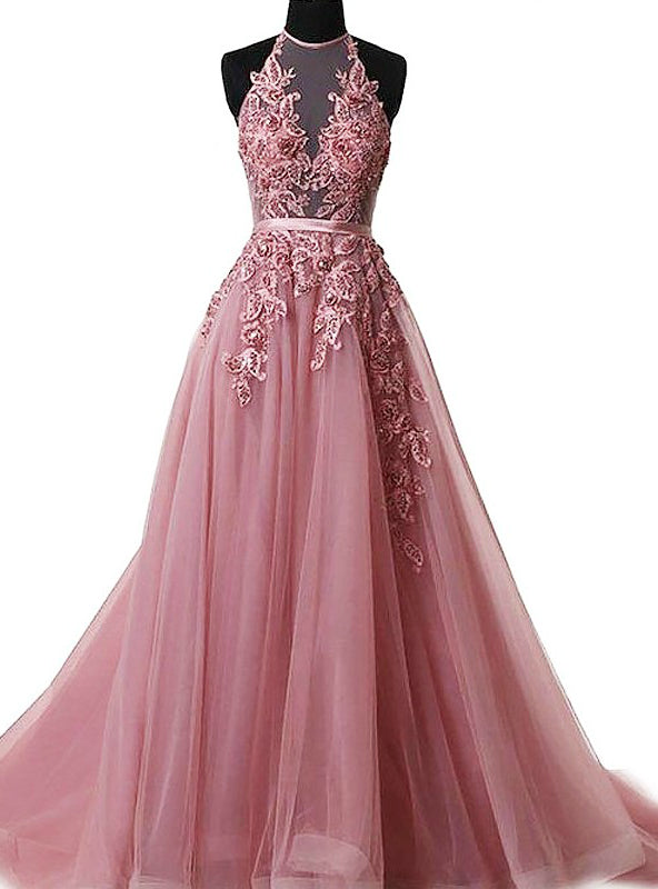 A-Line Pink Halter Sleeveless Applique Tulle Prom Dress