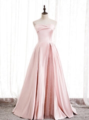 A-Line Pink Satin Strapless Pleats Long Prom Dress