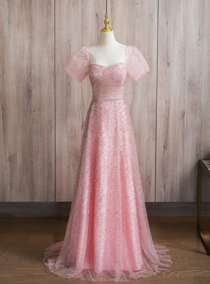 A-line Pink Sequins Short Sleeve Prom Dress