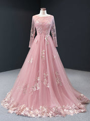 A-Line Pink Tulle Appliques Sequins Long Sleeve Prom Dress