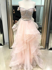 A-Line Pink Tulle Two Piece Off the Shoulder Long Prom Dress