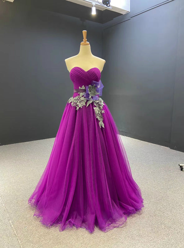 A-Line Purple Tulle Sweetheart Pleats Prom Dress