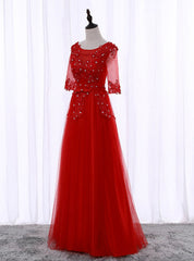 A-Line Red Half Sleeve Lace Bridesmaid Dress