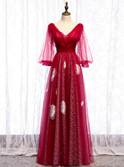 A-Line Red Tulle V-neck Long Sleeve Backless Prom Dress