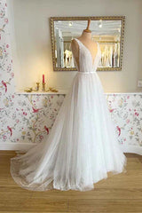 A Line Sexy V neck Pearls Elegant Wedding Dress