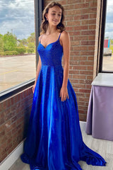 A-Line Spaghetti Straps Royal Blue Long Prom Dress with Beading