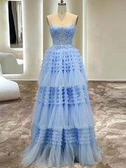 A-Line Spaghetti Straps Tulle Long Prom Dress