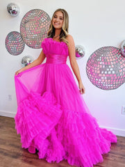 A-Line Strapless Pink Tiered Long Tulle Prom Dress