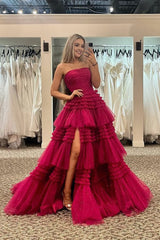 A-Line Strapless Tulle Long Prom Dress with Tiered Ruffles