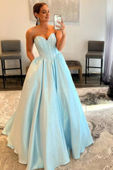 A-Line Sweetheart Strapless Blue Long Prom Dress