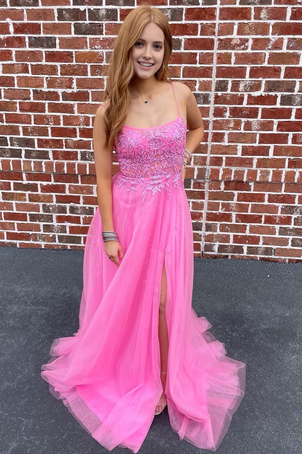 A-Line Tulle Spaghetti Straps Pink Long Prom Dress with Appliques