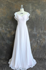 A-line V-Neck Flutter Sleeves Bridesmaid Dress Floor-Length Chiffon Wedding Dress With Ruffle