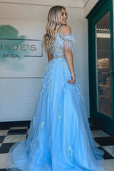 A line V Neck Lace Tulle Prom Dress with Beading and Feather