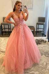 A-Line V-Neck Long Tulle Prom Dress with Appliques