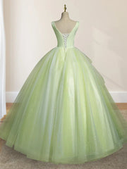 A-Line V Neck Tulle Sage Green Long Prom Quinceanera Dresses