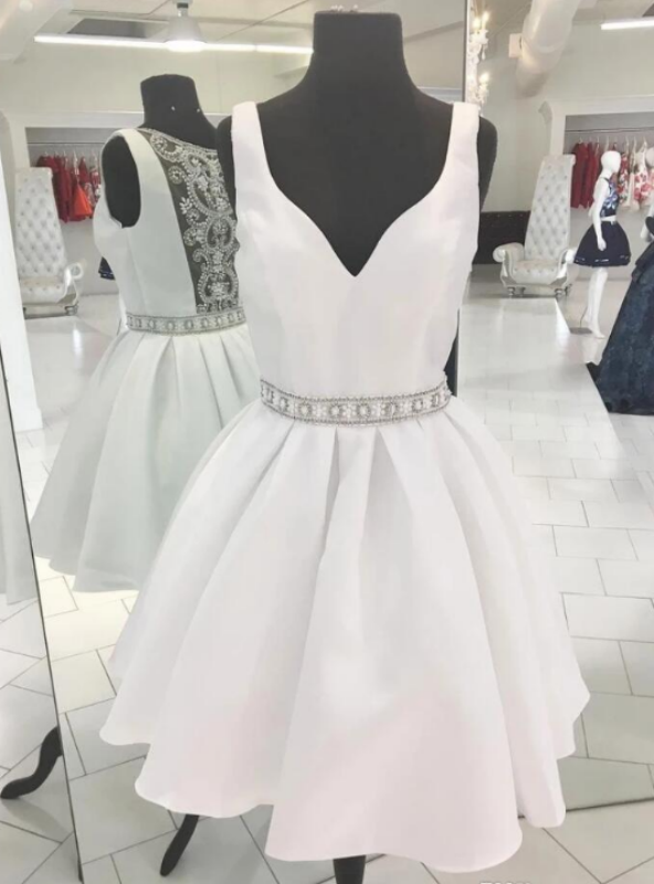 A-Line White Satin V-neck Beading Homecoming Dress