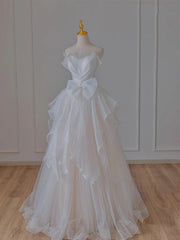 A-Line White Tulle Wedding Dress With Bow