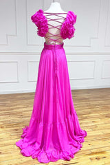 Lace-Up Fuchsia V-Neck Ruffle Pleated Long Prom Dress