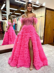 A Line Off the Shoulder Tiered Tulle Prom Dress With Slit