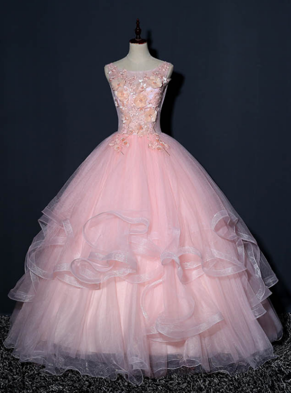 At Great Prices Pink Ball Gown Tulle Appliques Sleeveless Quinceanera Dress