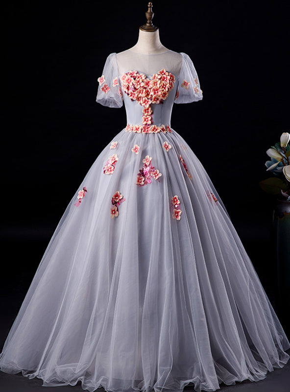 Available In Sizes 0-24 Gray Ball Gown Tulle Appliques Short Sleeve Quinceanera Dress