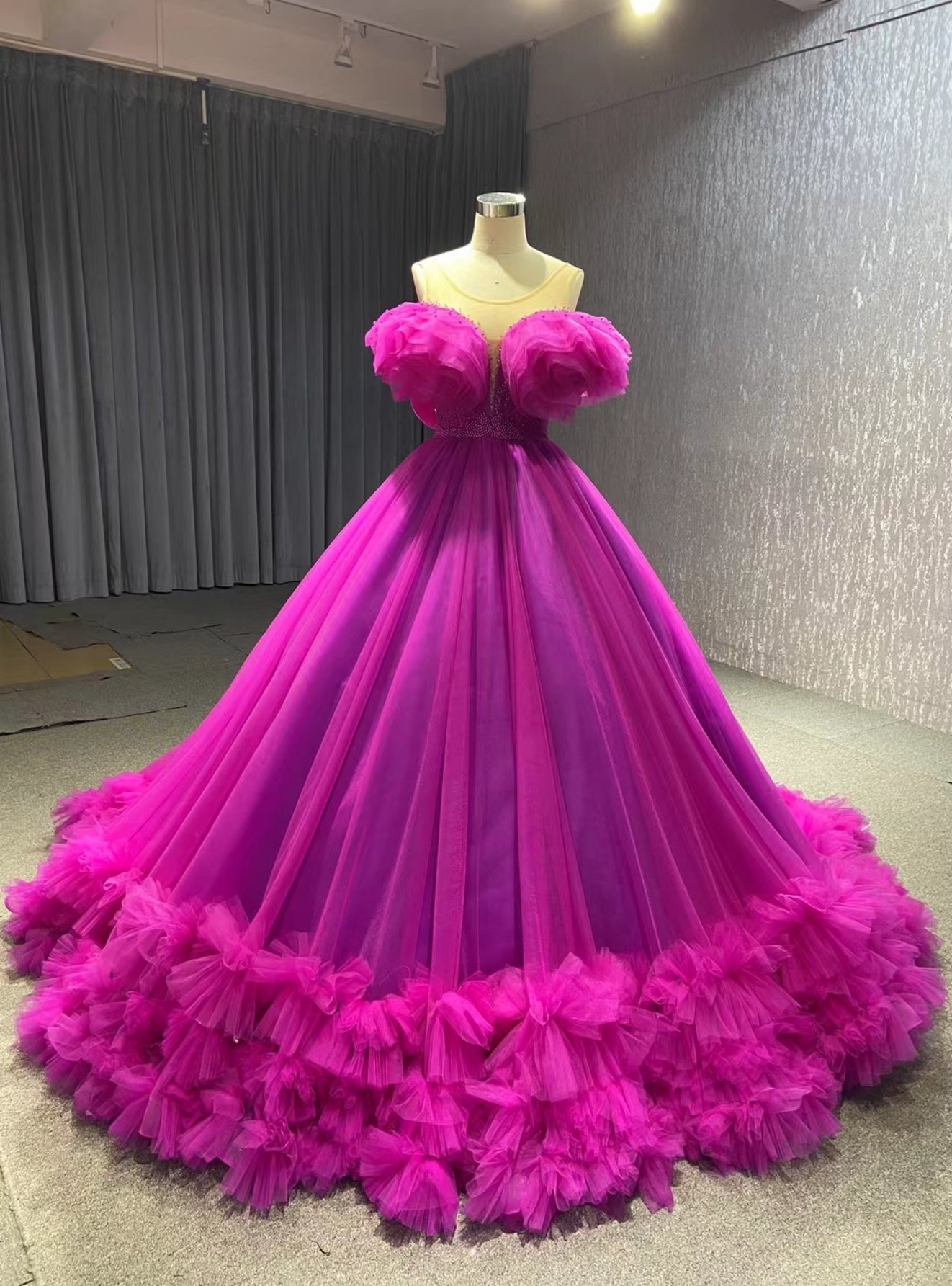 Ball Gown Fuchsia Tulle Pearls Prom Dress